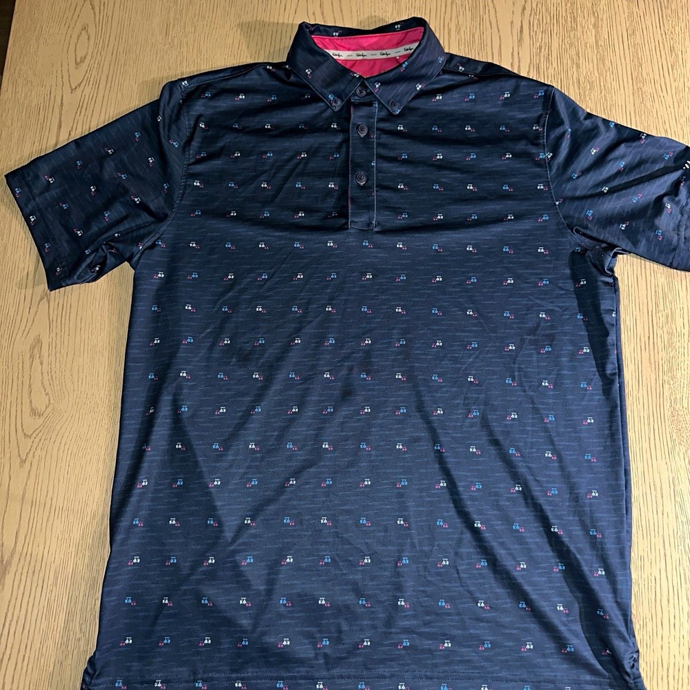 Walter Hagen 11 Golf Polo Shirt Mens Medium Blue Pink Golf Cart Print MGA11454P